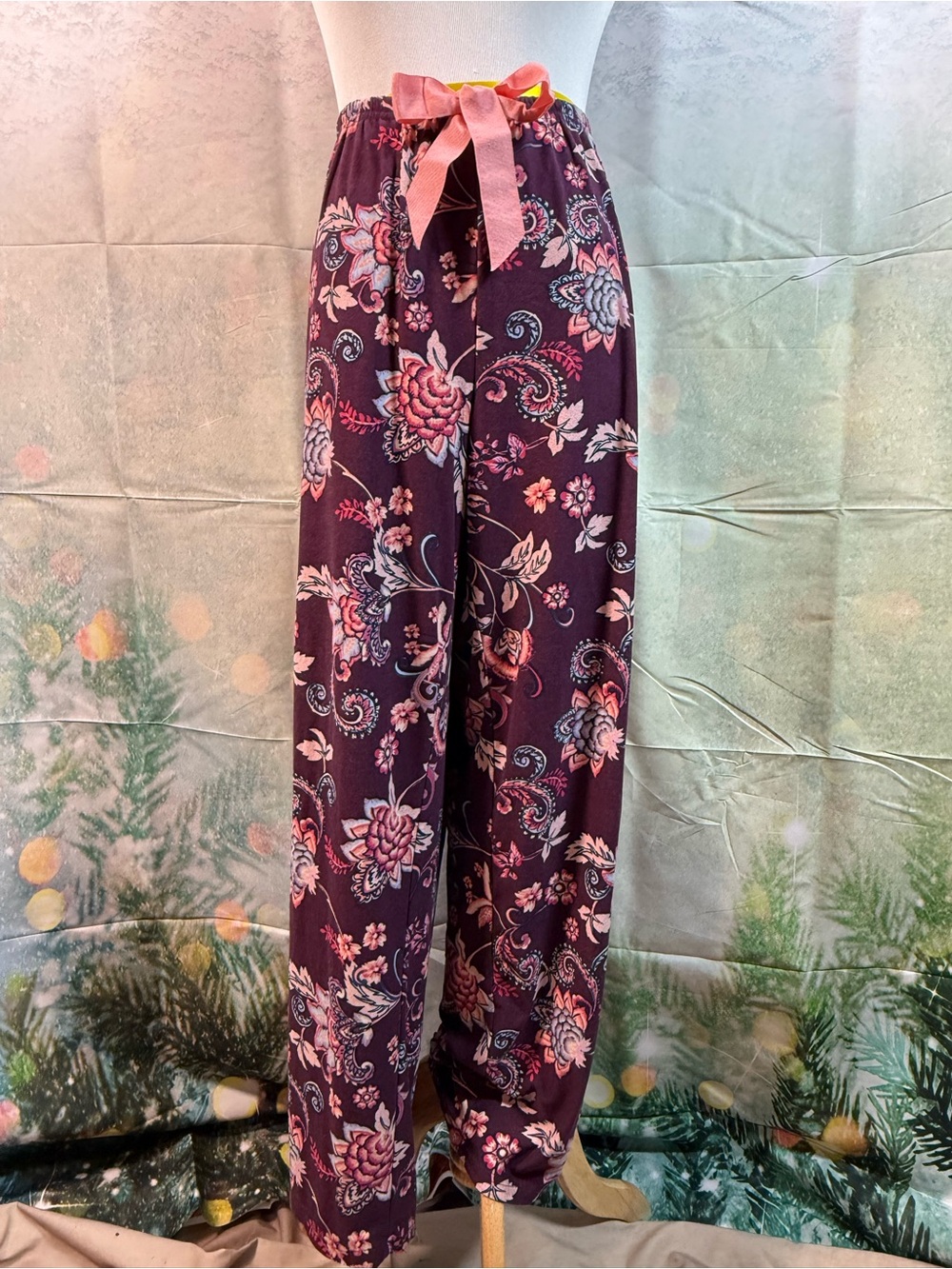 247-Bobbie Brooks Plum Floral Wide-Leg Lounge Pants with Pink Waist Tie